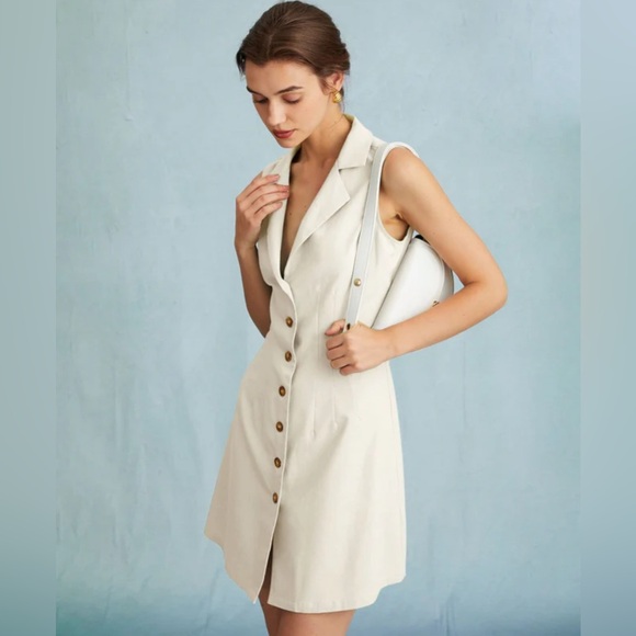 NWT RIHOAS The Beige Lapel Button-up Sleeveless Mini Dress - Picture 2 of 5